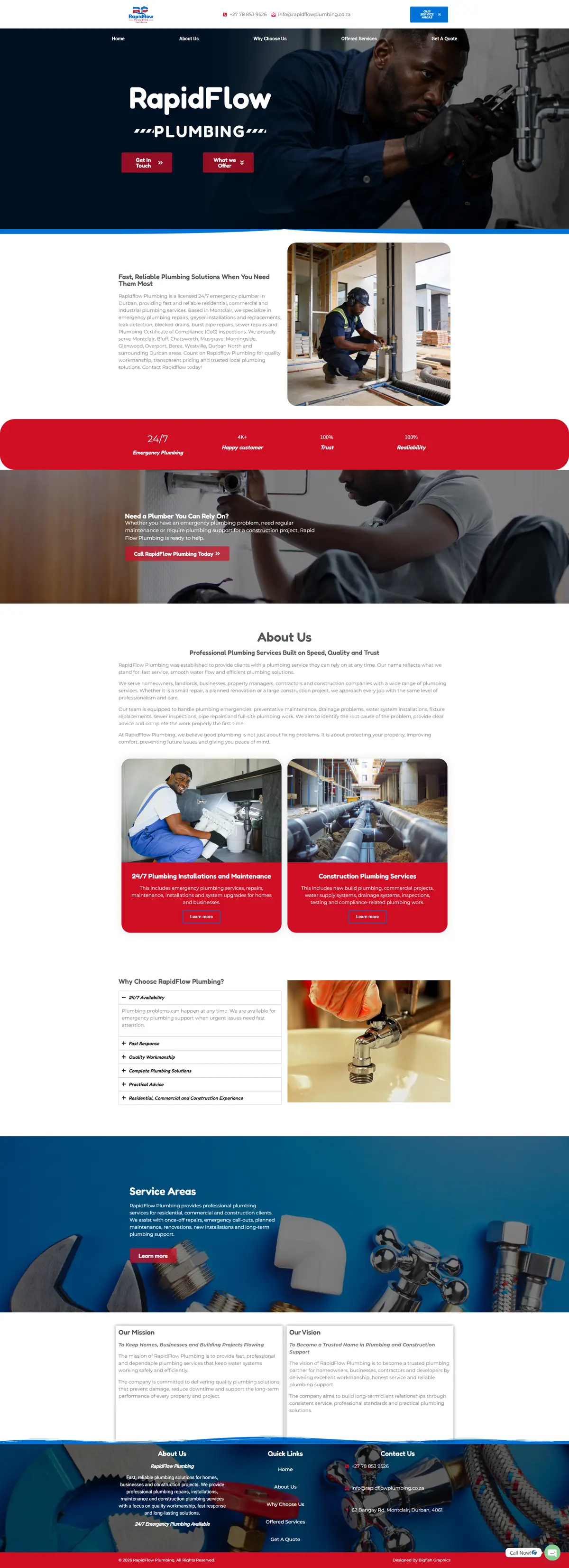 RapidFlow Plumbing website homepage designed by Bigfish Graphics