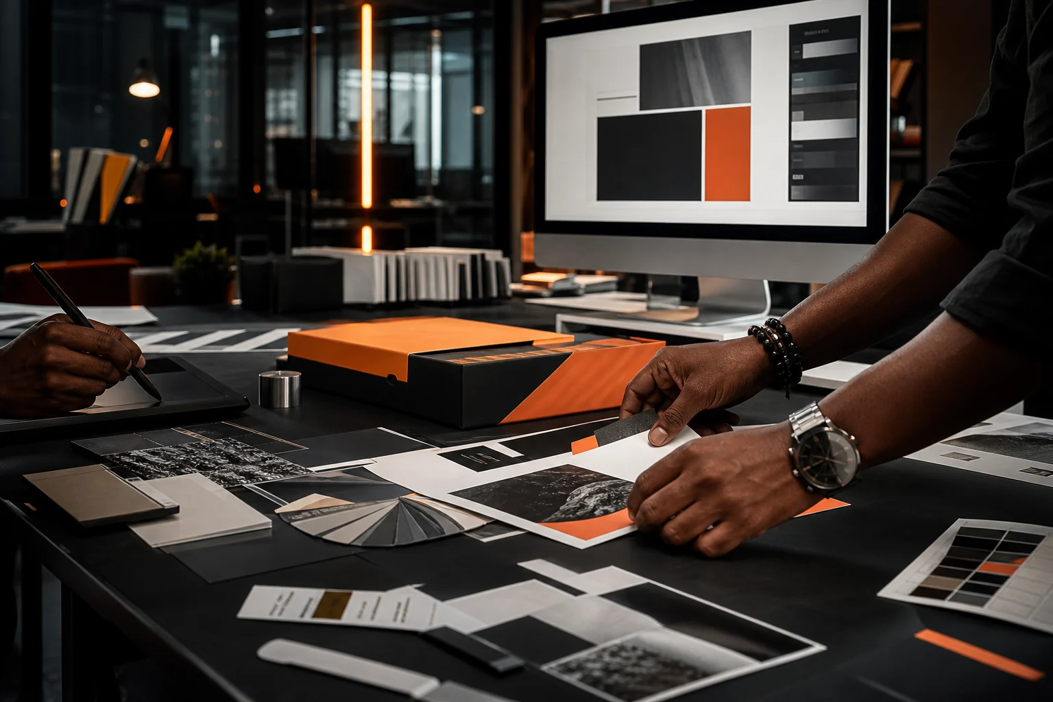 Designers developing a brand identity with printed materials and digital tools